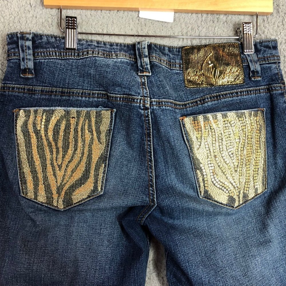 Baby Phat Y2K Gold Zebra Sequin Zipper Ankle Accent Cropped Jeans Sz 11 Waist 32